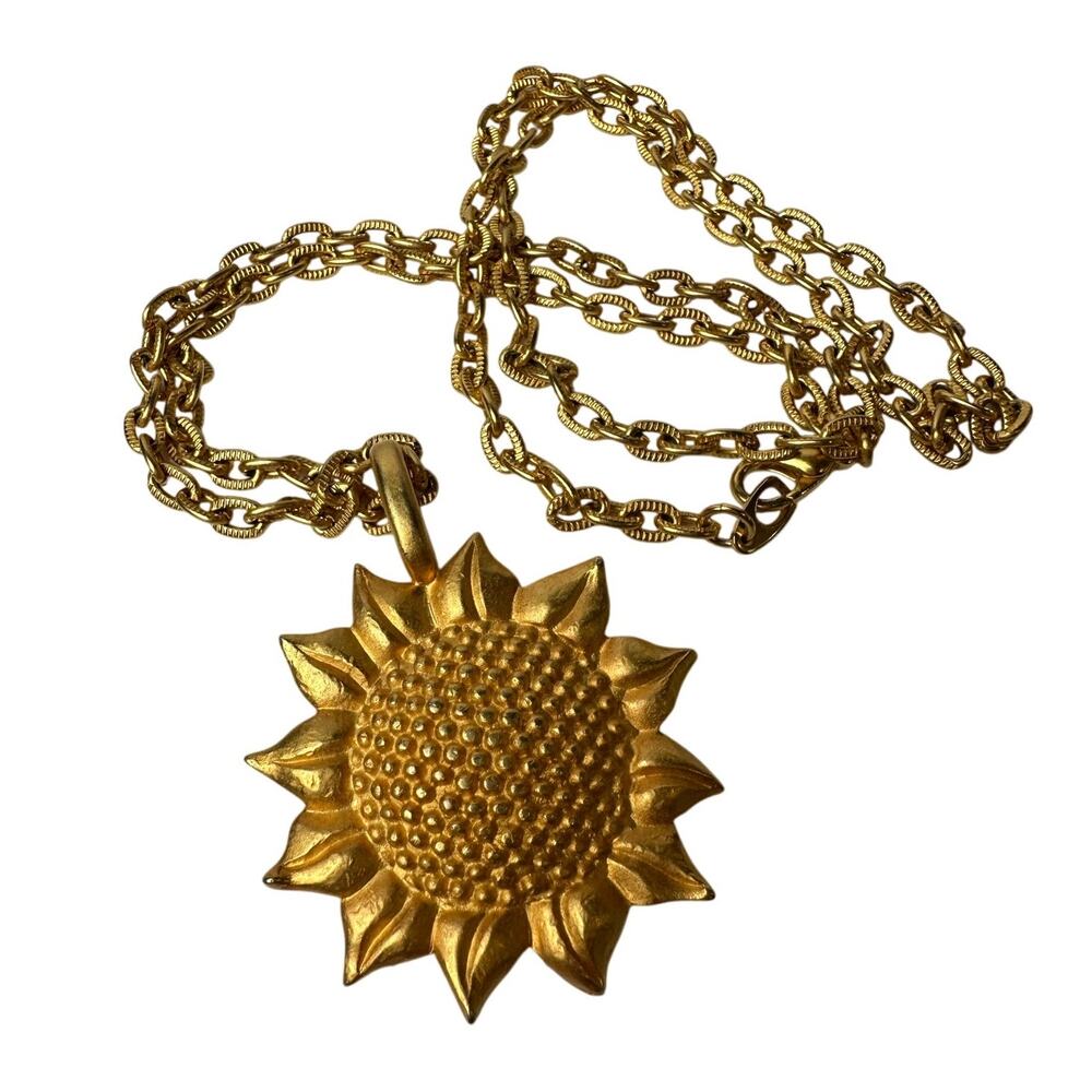 Vintage Goldtone Sunflower Pendant Chain Necklace 30" Hippie Boho Art Teacher